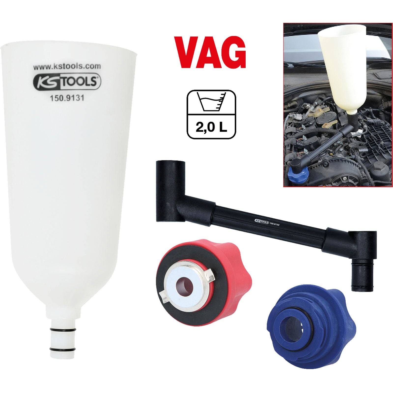 VAG 2.0L' spezialisierter Automotive-Werkzeugsatz umfasst einen großen Trichter, Anschlüsse und Adapter für effiziente Flüssigkeitsübertragung und Wartung.