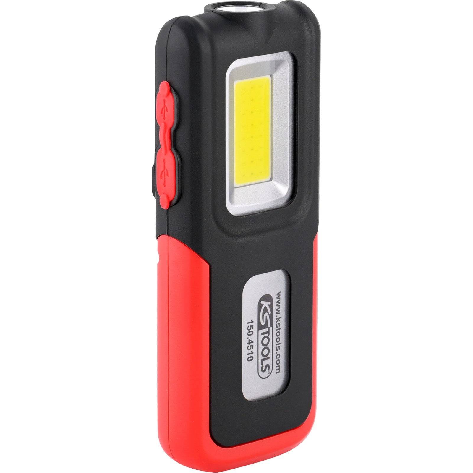 Eine kompakte schwarze und rote Taschenlampe mit einer rechteckigen LED-Anzeige, ausgestattet mit seitlichen Schaltern zur Bedienung, die für die Handhabung konzipiert ist.