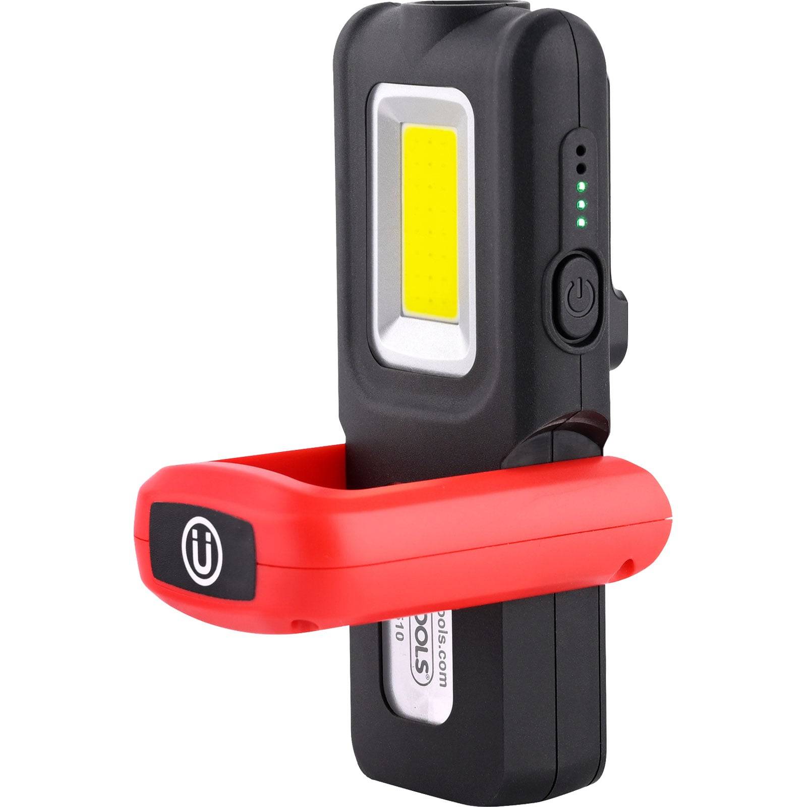 Schwarze und rote wiederaufladbare LED-Arbeitsleuchte mit Haken, mit Batterieanzeige-Leuchten.