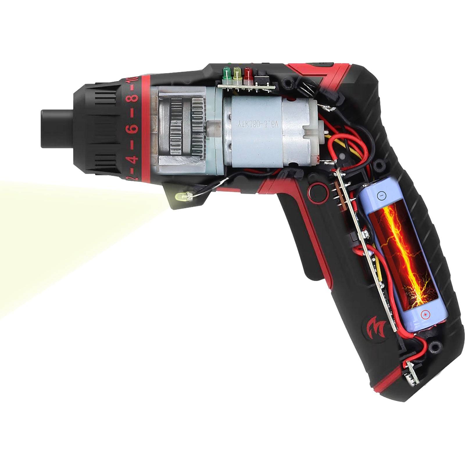 Eine kabellose Bohrmaschine mit transparenter Ansicht, die interne Komponenten wie Motor, Verkabelung und Akku zeigt, mit einer seitlich montierten LED-Lampe.