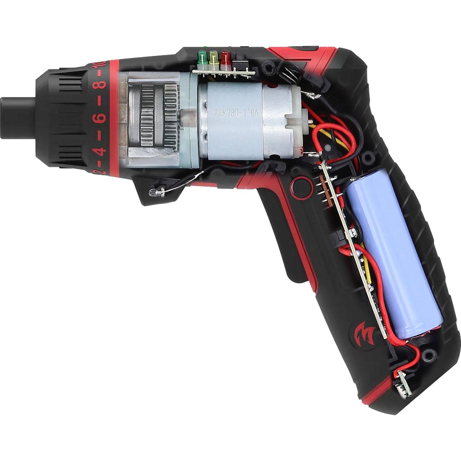 Querschnitt einer Akku-Bohrmaschine mit Darstellung der internen Komponenten, einschließlich Motor, Akku und Verkabelung, zur Veranschaulichung der Funktionsweise der Bohrmaschine.