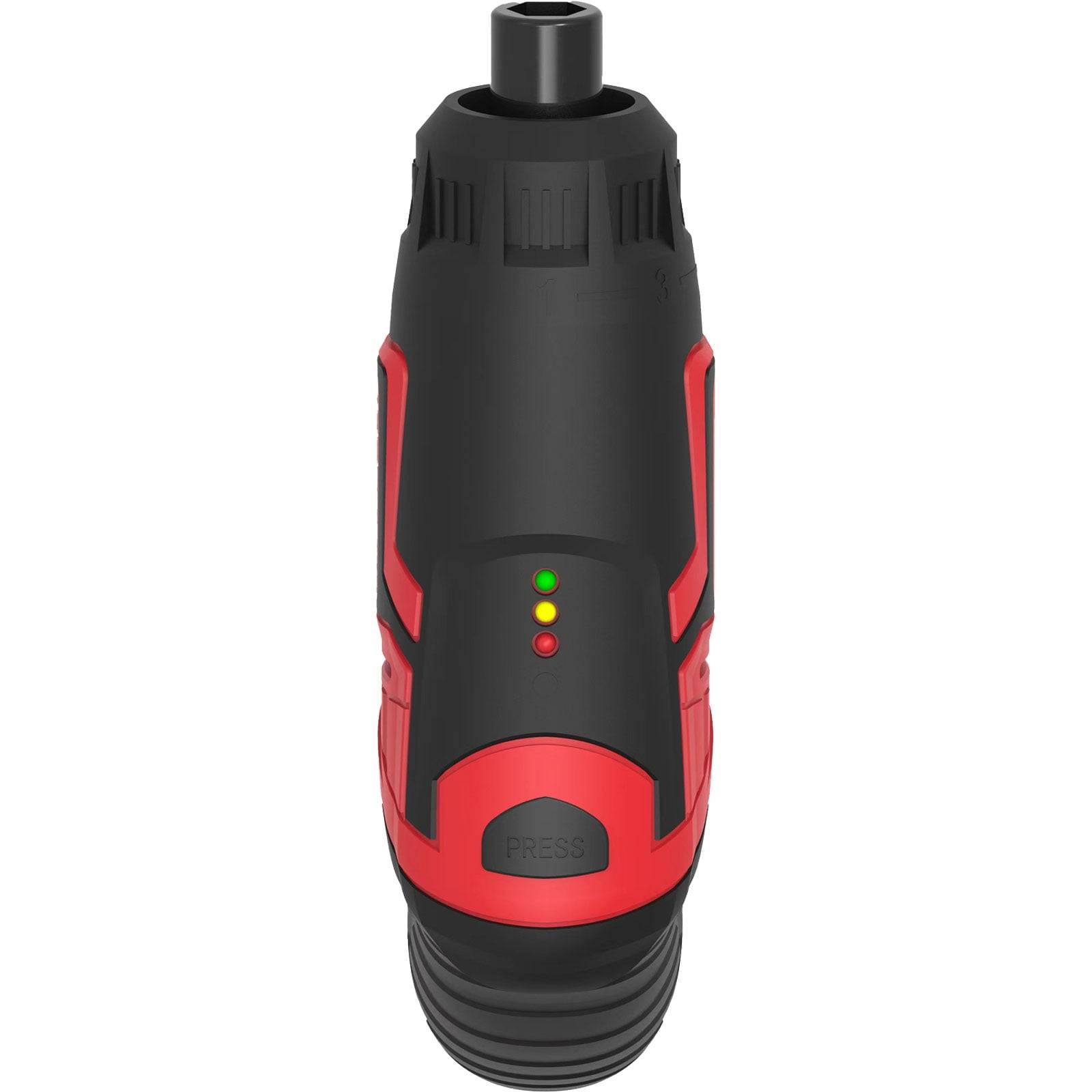 Ein rot-schwarzer kabelloser Schraubendreher mit LED-Anzeigen, der den Batteriezustand zeigt. Eine 