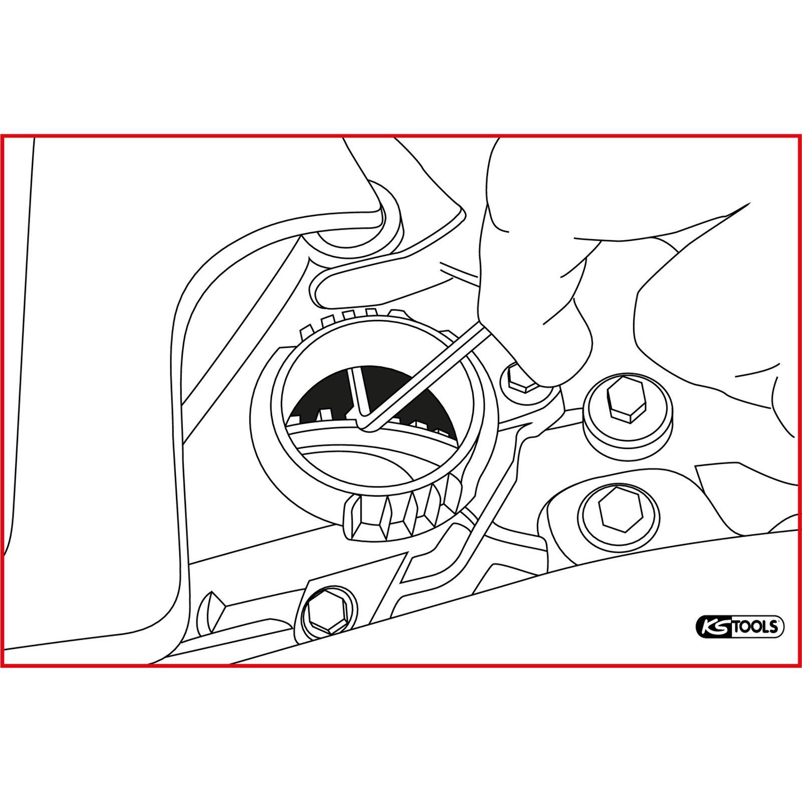 Eine Hand, die ein Werkzeug hält, justiert ein Ventil oder einen Deckel an einer Maschine, möglicherweise an einem Motor. In der Nähe deuten Schrauben und Bauteile auf einen mechanischen Kontext hin.