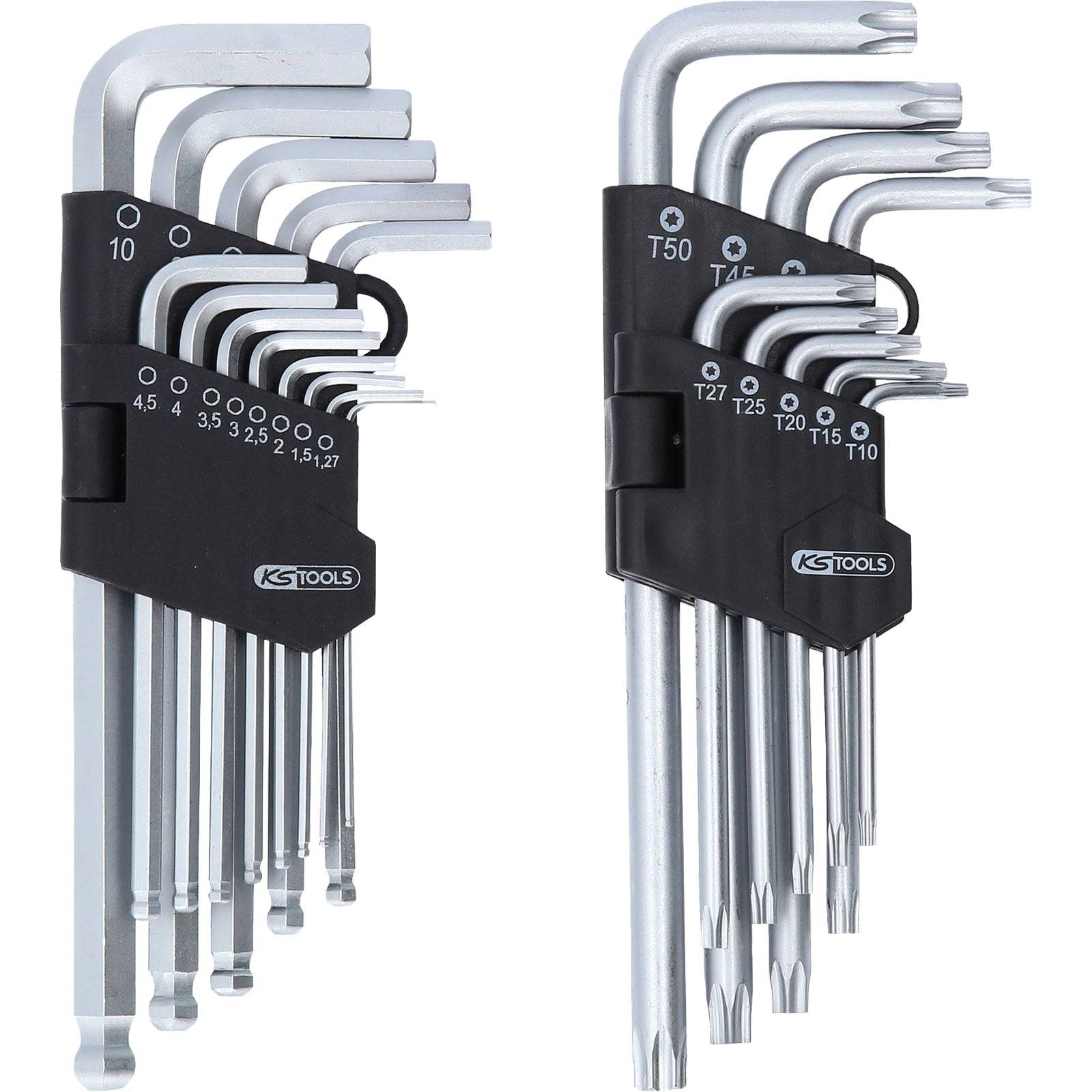 Ein Satz L-förmiger Sechskant- und Torx-Schlüssel in verschiedenen Größen, gehalten in einem schwarzen Kunststoffhalter mit Größenbezeichnungen.