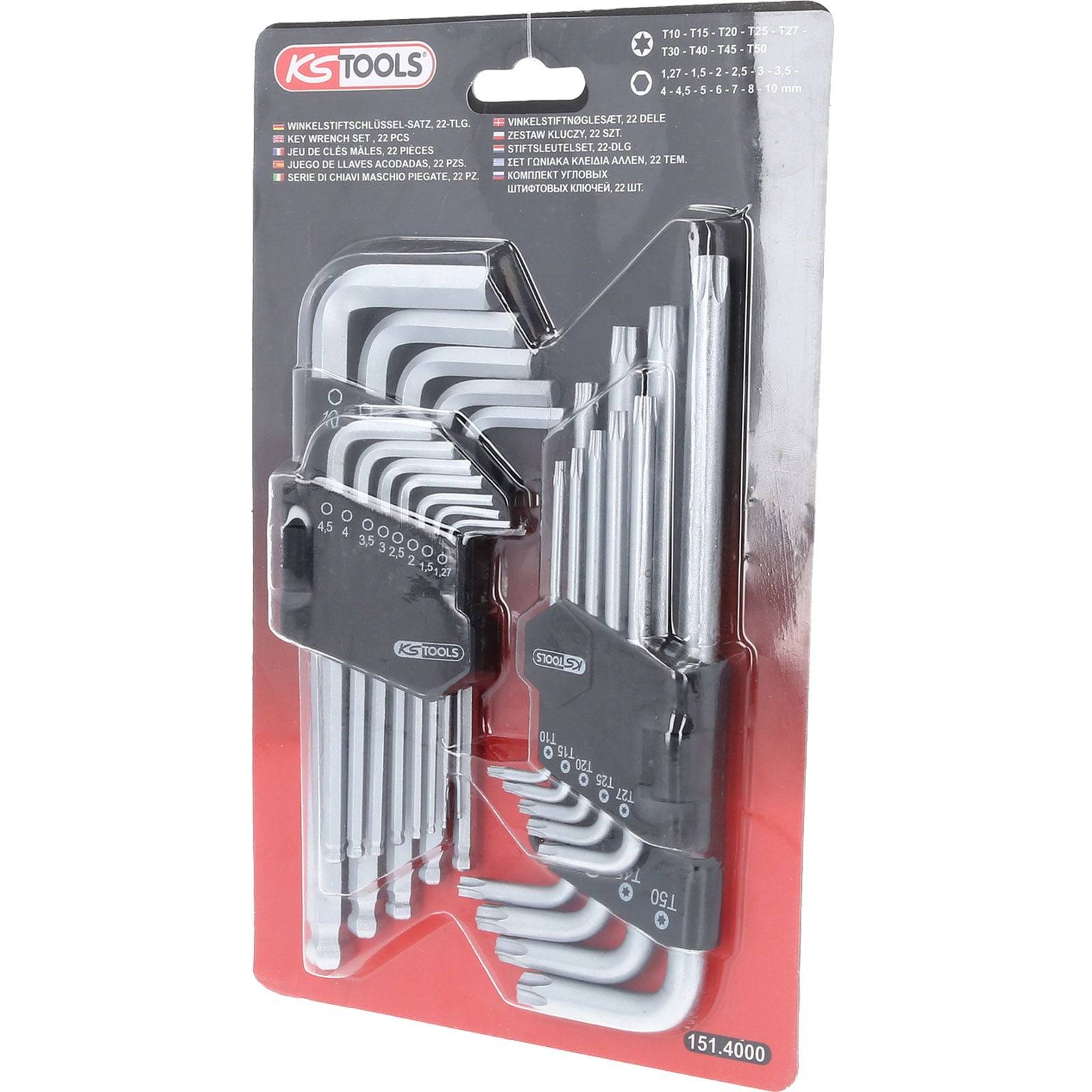 Ein Satz Sechskantschlüssel in einer Plastikverpackung, beschriftet mit 'KS Tools'. Enthält verschiedene Größen, organisiert auf zwei Haltern, mit rot-schwarzem Design.