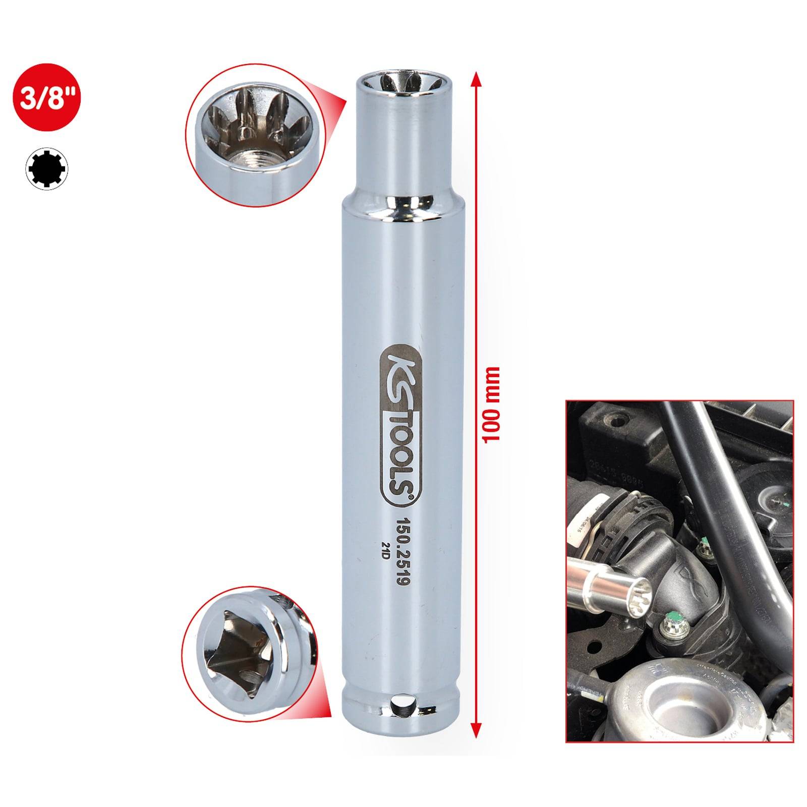 KS Tools' Zündkerzeneinsatz, 100 mm Länge, 3/8