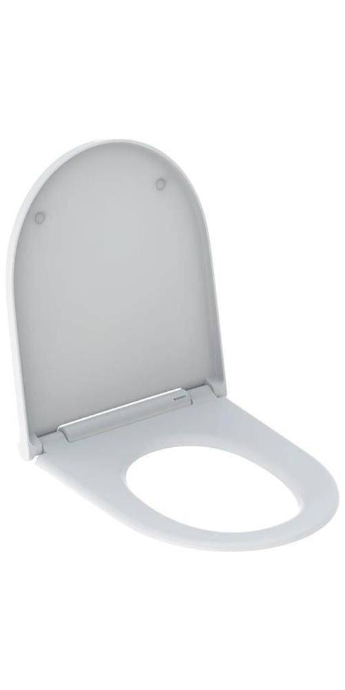 Offener Toilettensitz und Deckel in Weiß gezeigt, aus einem Winkel betrachtet auf einfachem Hintergrund.