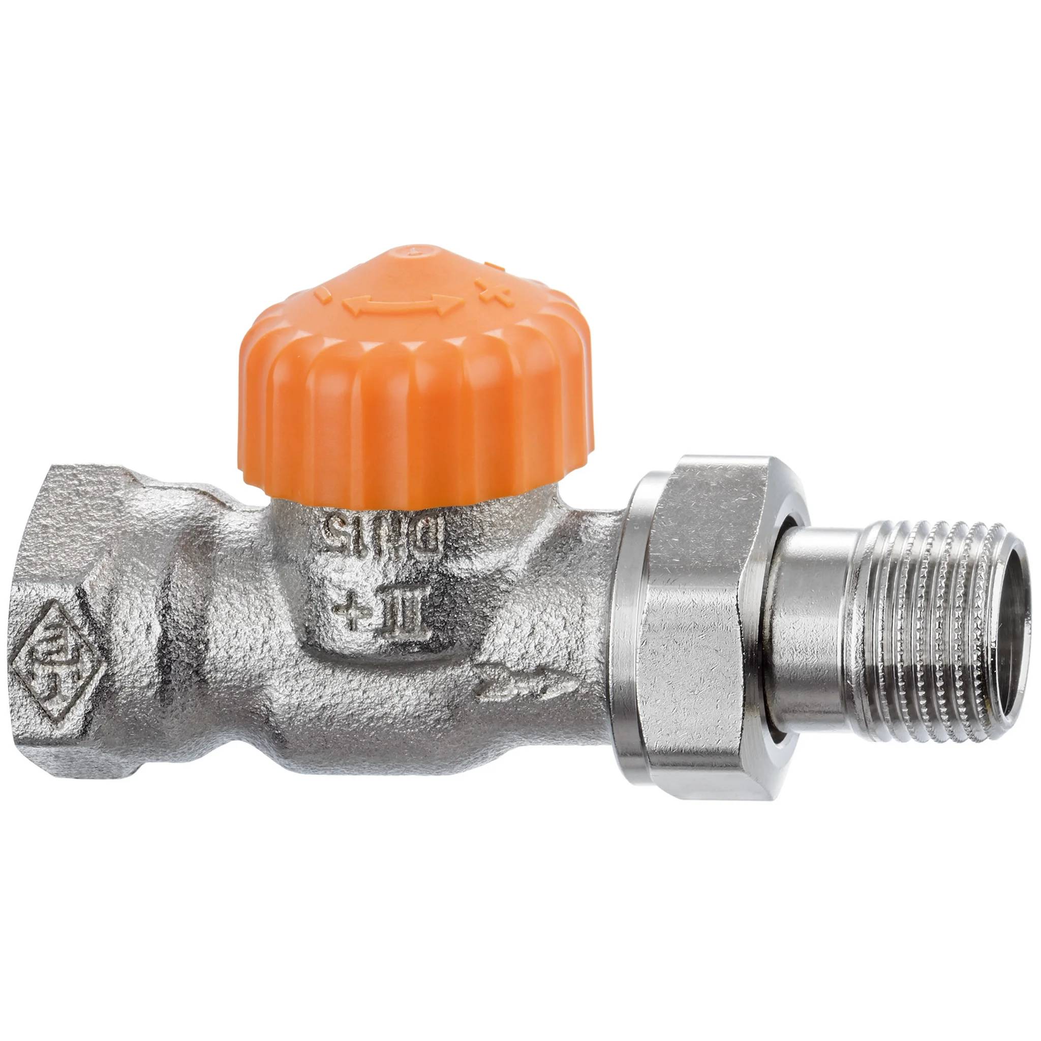 Metallisches Sanitärventil mit orangefarbiger Einstellkappe und Gewindeverbinder, isoliert auf weißem Hintergrund dargestellt.