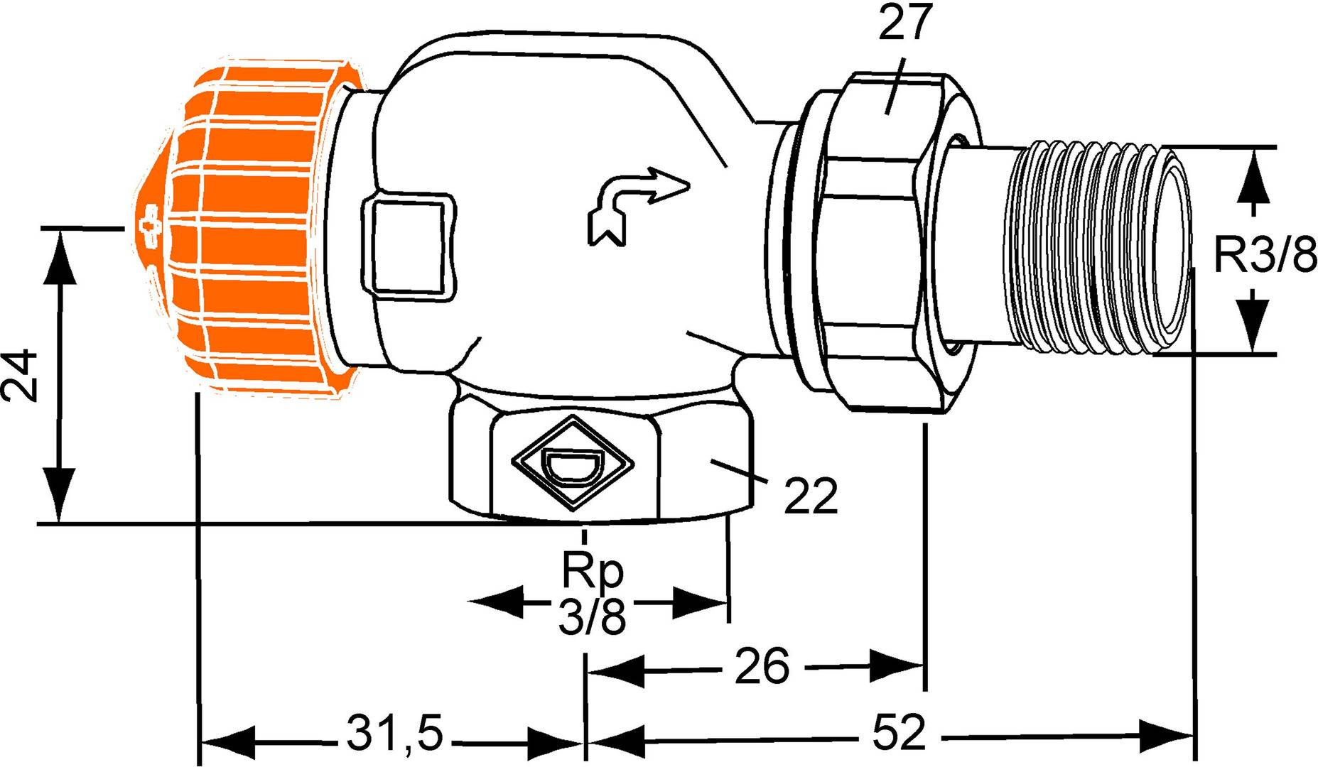 Technische Zeichnung einer Ventilarmatur mit den Dimensionen 24, 31,5, 22, 26, 27, 52, Rp 3/8 und R3/8.
