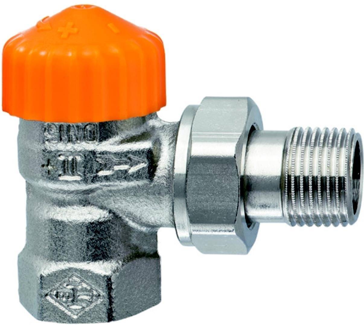 Winkelradiatorventil mit orangefarbiger Schutzkappe und Gewinde-Metallverbindung auf weißem Hintergrund.
