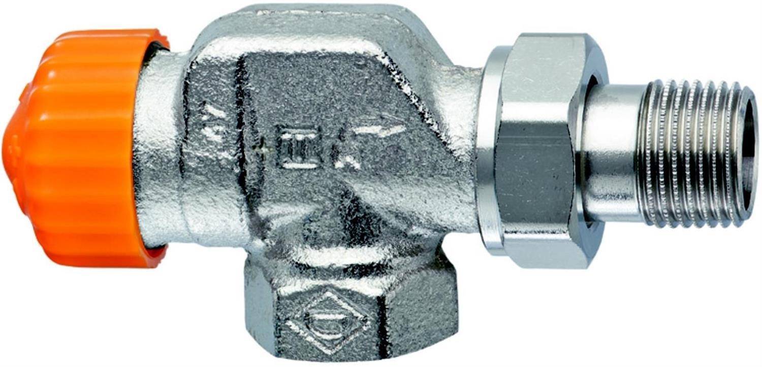 Silbernes thermostatisches Heizkörperventil mit orangefarbiger Einstellkappe und Gewindemetallstutzen auf weißem Hintergrund