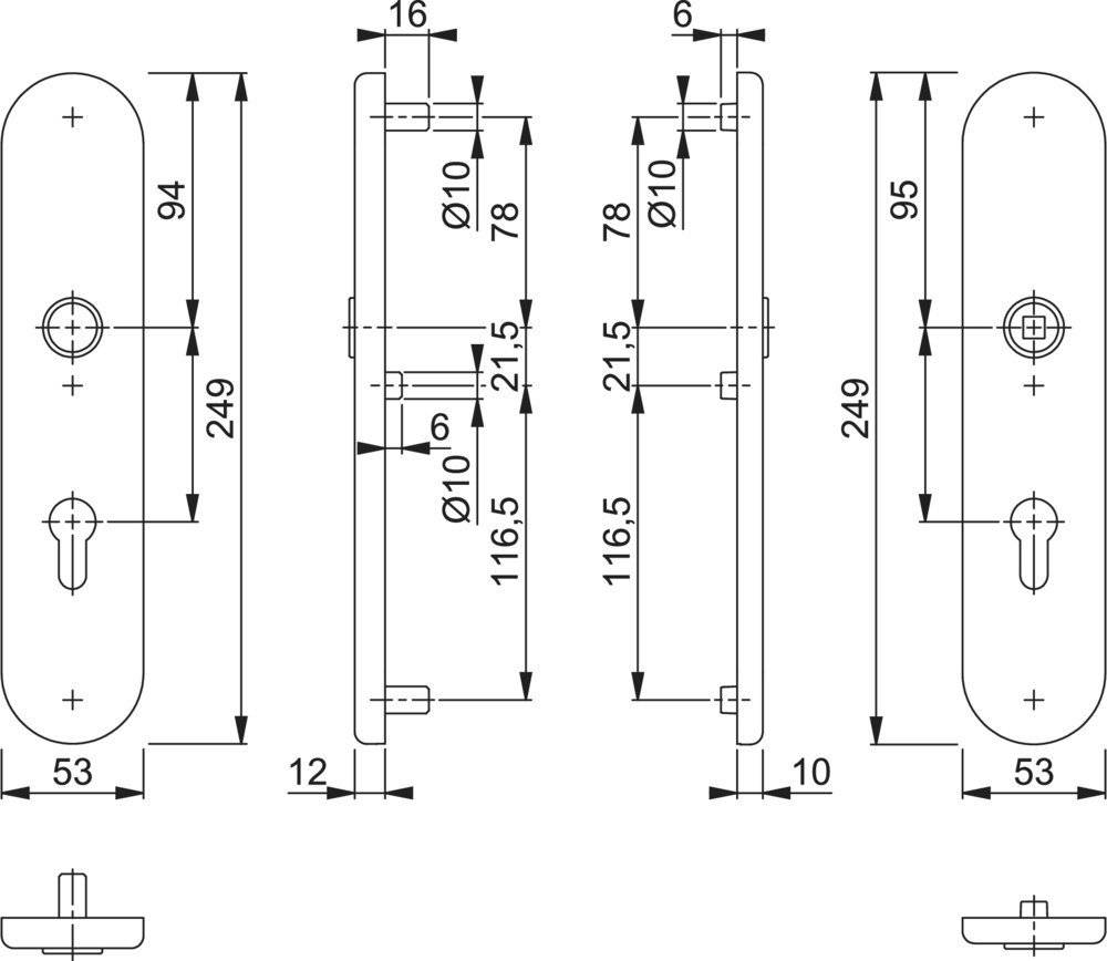 Technische Zeichnung eines Türklinken-Rosettensatzes mit Vorder-, Seiten- und Schnittansichten mit Abmessungen und Lochpositionierungen.