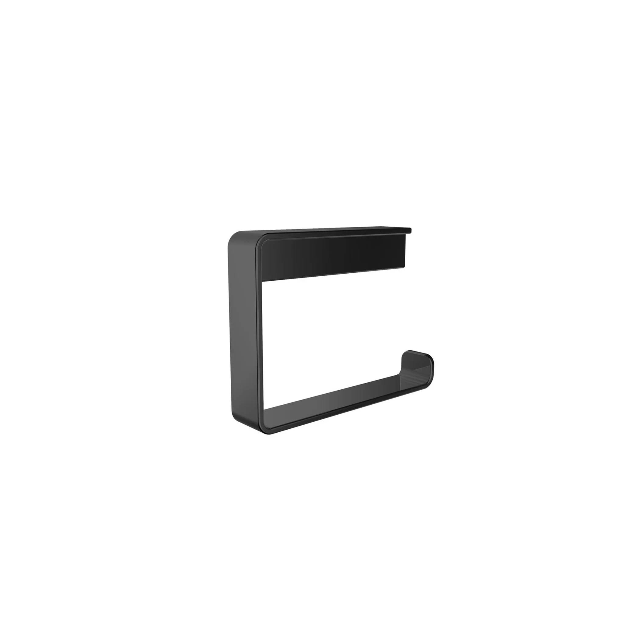 Schwarzes 3D offenes rechteckiges Klammer- oder Clip-Symbol auf weißem Hintergrund, in Perspektive betrachtet.