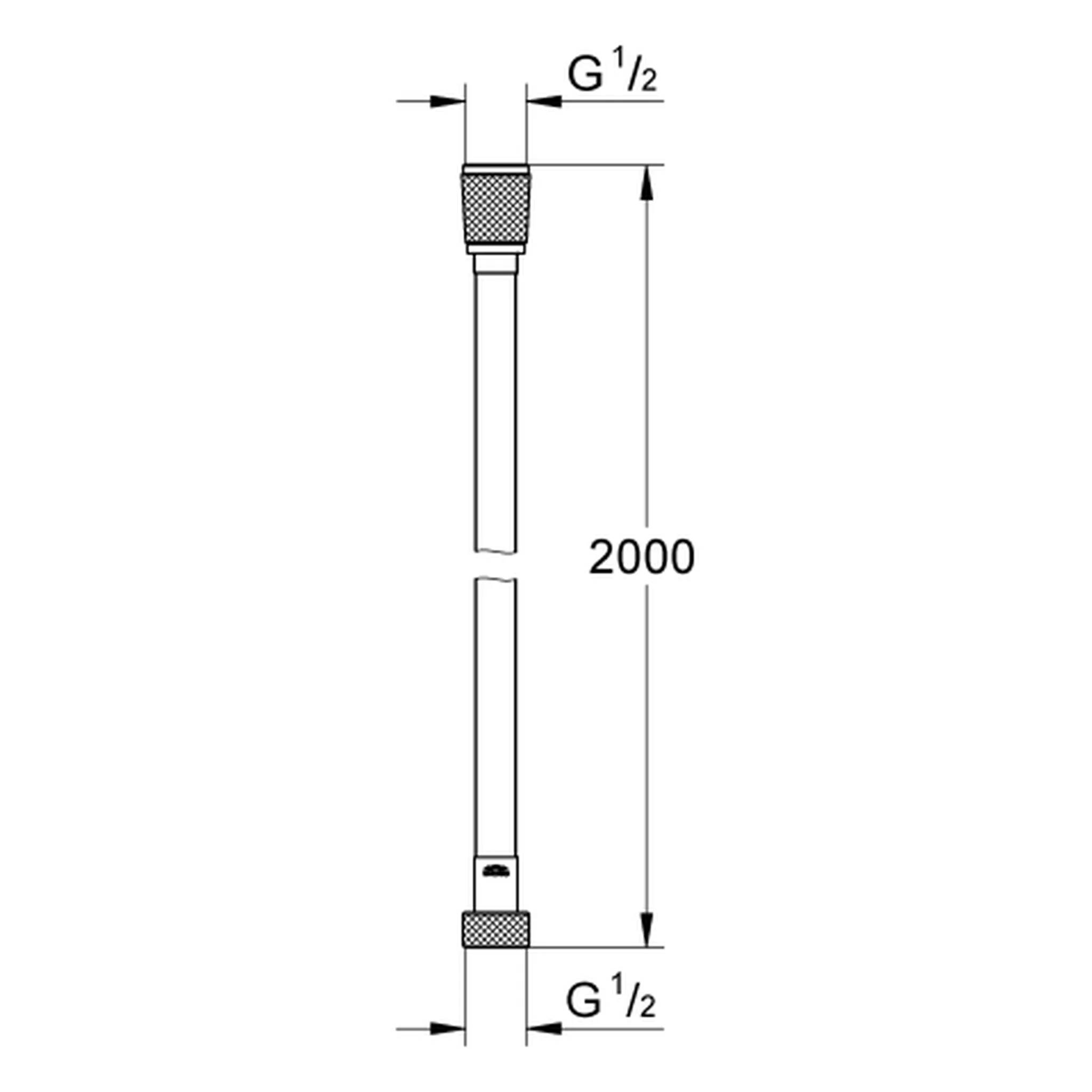 Technische Linienzeichnung einer 2000 mm Schlauch- oder Rohrbaugruppe mit G 1/2-Gewindeanschlüssen an beiden Enden.
