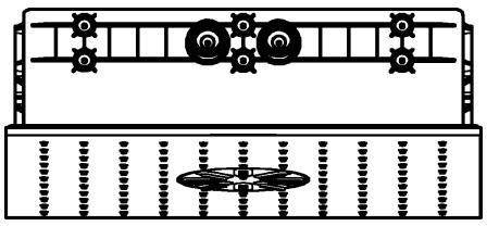 Schwarz-Weiß-Diagramm eines Förderers oder Sortiergeräts: Walzen und Zahnräder oben, mit einem unteren Behälter mit wiederholten Abwärtspfeilen und einem zentralen, ventilatorähnlichen Mechanismus.