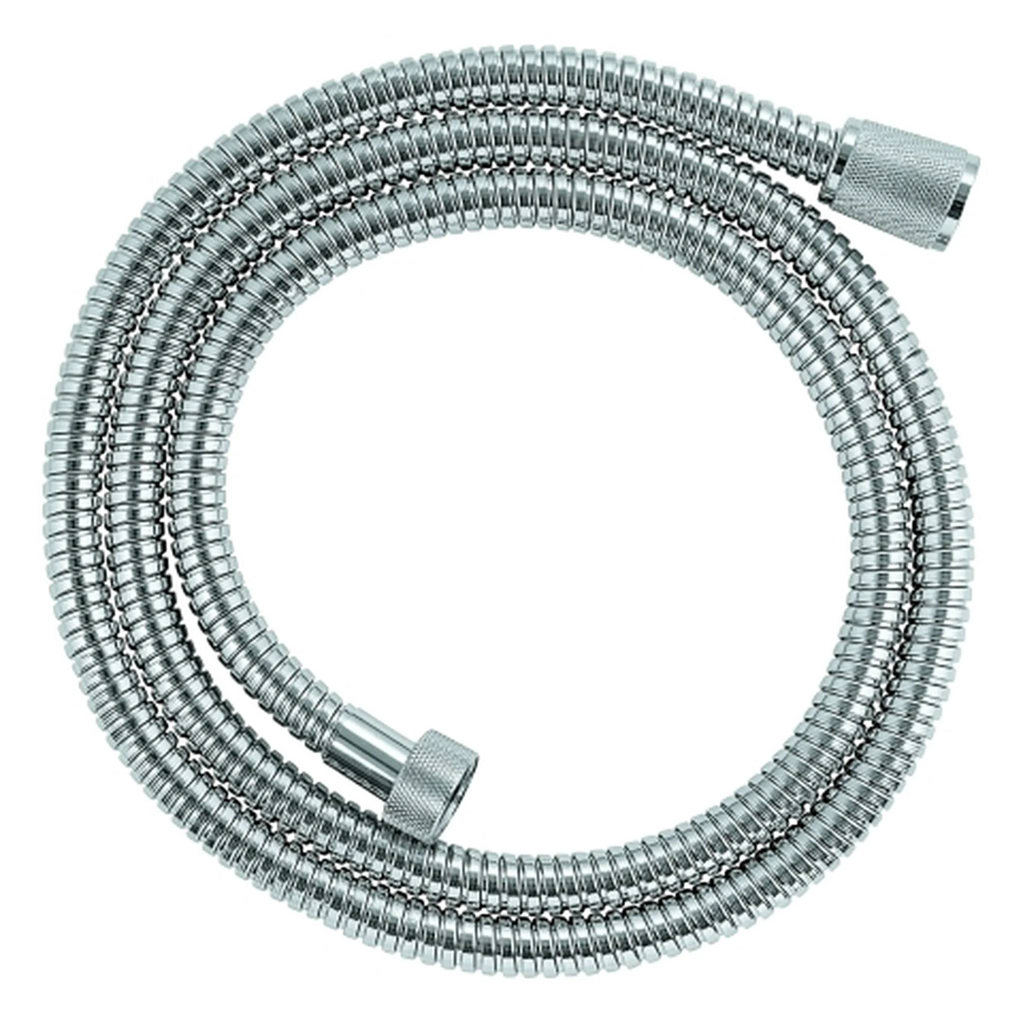 Aufgerollter flexibler Metallschlauch mit Gewindeverbindungen an beiden Enden, abgebildet auf weißem Hintergrund.
