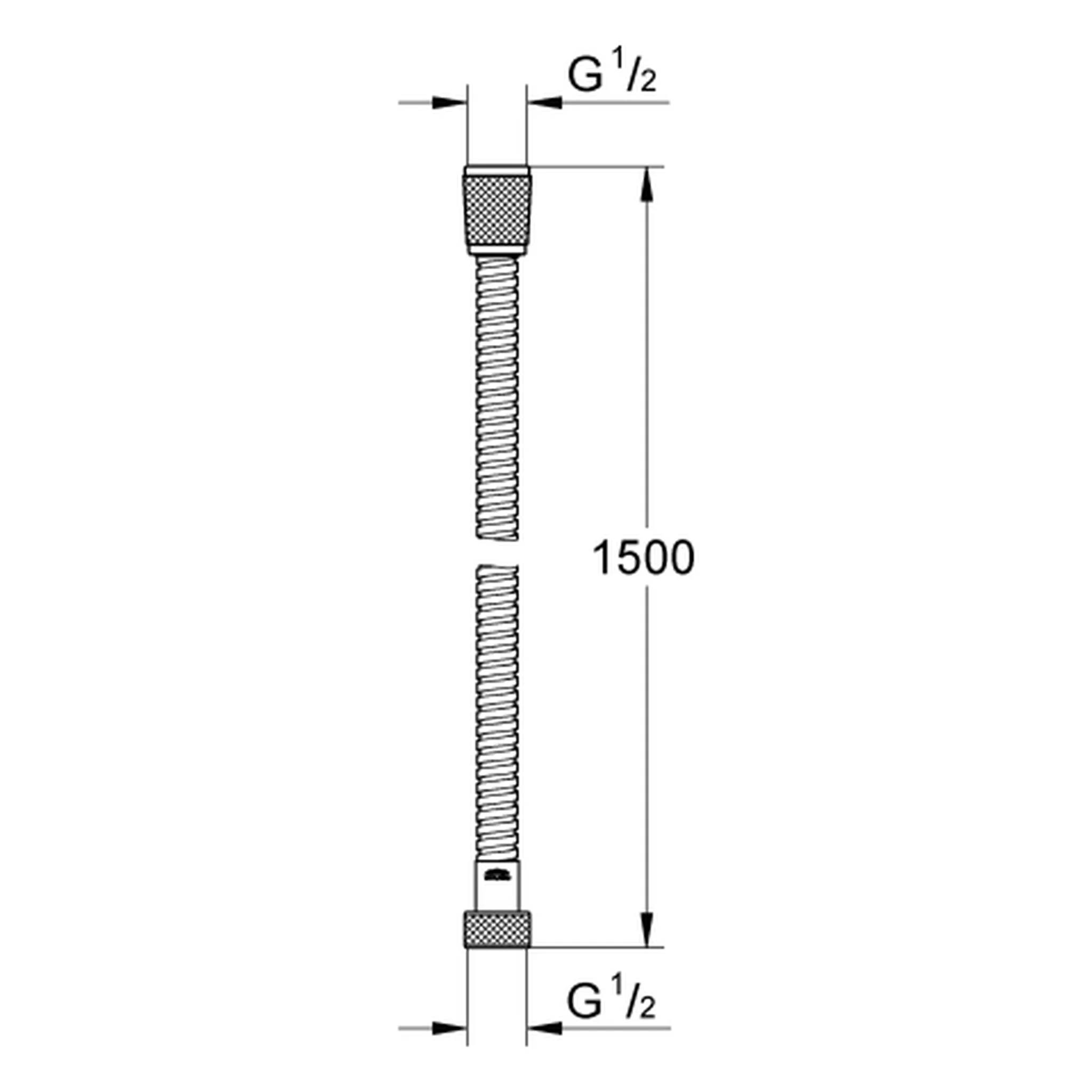 Technische Zeichnung eines flexiblen Schlauches mit Gewinde-Anschlüssen G 1/2 an beiden Enden, mit einer Länge von 1500 mm.