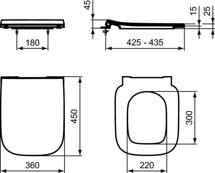 Technische Zeichnung einer Toilettensitz- und Deckelgarnitur mit Maßangaben: 180 mm Breite, 425–435 mm Länge, 450 mm Höhe, 360 mm × 450 mm und 220 mm × 300 mm.