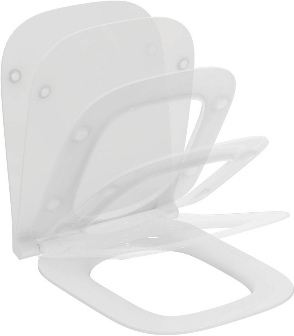 Transparenter Toilettensitz und Deckel mit Abdeckung und Scharnier, in offener Winkelposition auf weißem Hintergrund gezeigt.
