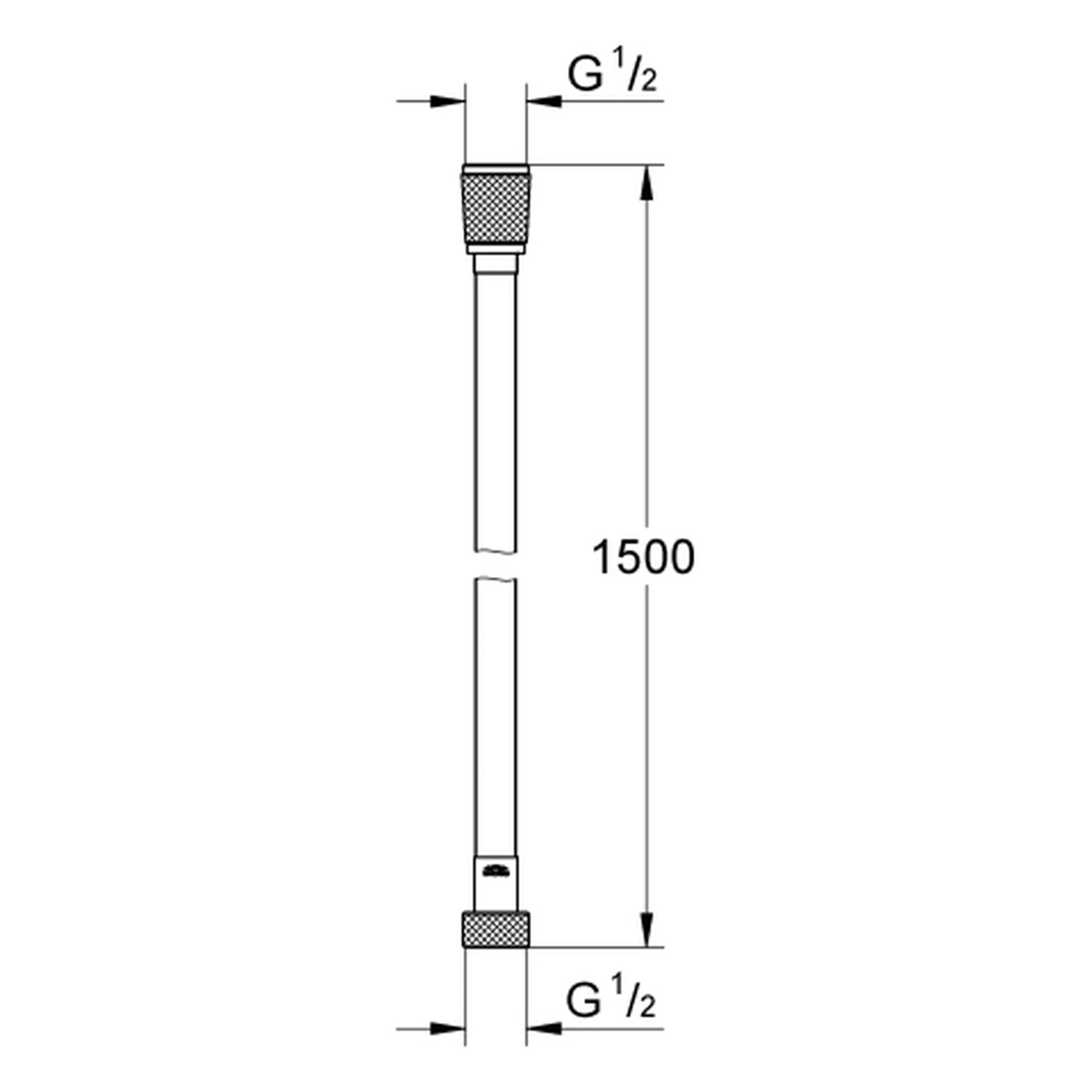 Technische Zeichnung eines Schlauches oder Rohres von 1500 mm Länge mit G 1/2 Gewindeverbindungen an beiden Enden.