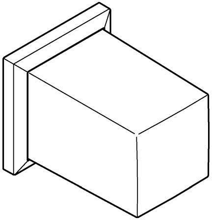 Einfache Strichzeichnung eines rechteckigen 3D-Blocks, der an einer vertikalen Wand oder Halterung befestigt ist, in Perspektive auf weißem Hintergrund dargestellt.