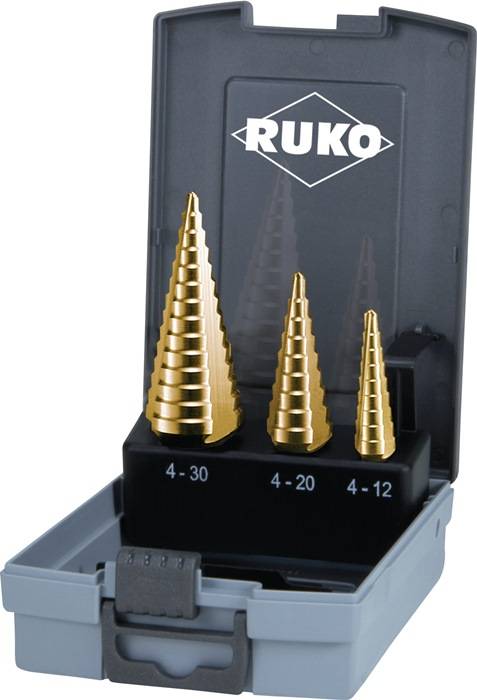 Stufenbohrersatz D.4-12/4-20/4-30mm HSS-TiN ger.genutet 3tlg.Ku.-Kass.RUKO