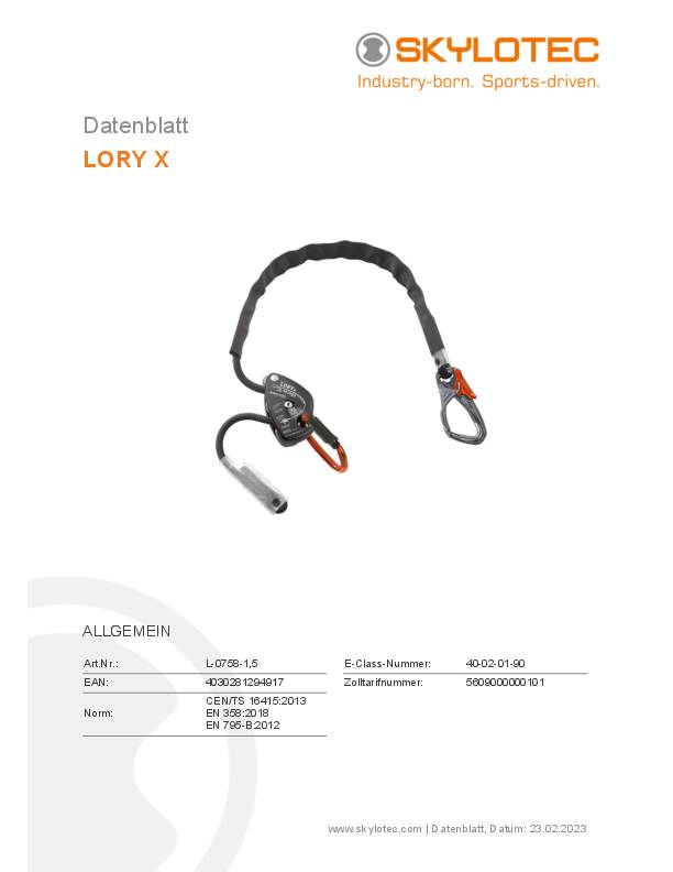 Verbindungsmittel LORY X EN 358:2018 EN 795-B:2012 PSA III PA,Alu,STA L.ca.1,5m