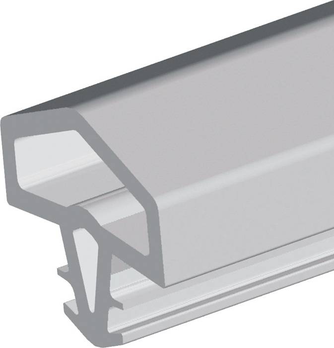 Eine Querschnittsansicht eines grauen, rechteckigen Aluminiumprofils mit Rillen, das häufig im Bauwesen oder in modularen Montagsystemen verwendet wird.