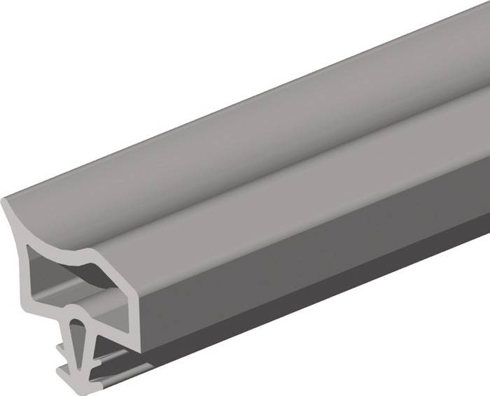 Aluminium-Extrusionsprofil mit komplexem Querschnitt, versehen mit einer inneren Kavität und mehreren Rippen. Verwendet in Bau- und Fertigungsindustrie.