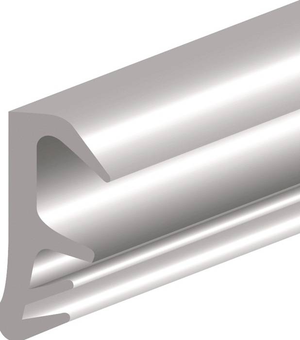 Eine Nahaufnahmeillustration eines Metall-T-Profils, die seine Form und Struktur mit abgerundeten Kanten und einer flachen Basis zeigt.