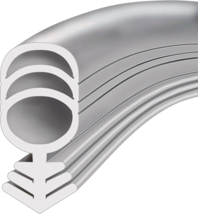 Querschnitt einer metallischen Struktur mit mehreren Schichten, der eine Reihe paralleler Linien und eine innere zylindrische Kavität zeigt.