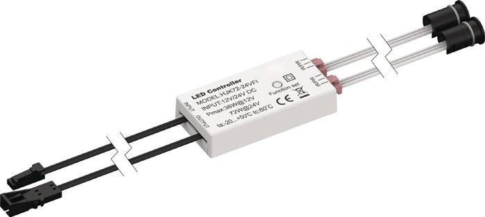 LED-Steuergerät Modell HJK72-12VFI mit Eingangsspannung 12V/24V DC, Pmax 36W@12V, 72W@24V, ta: -20~+50°C, tc: 60°C. Inklusive Energie- und Ausgangsleitungen.