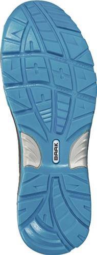 Eine Nahaufnahme einer blauen und weißen Schuhsohle mit dem Markennamen 'BAAK' in der Mitte, die das Profil der Sohle zeigt.