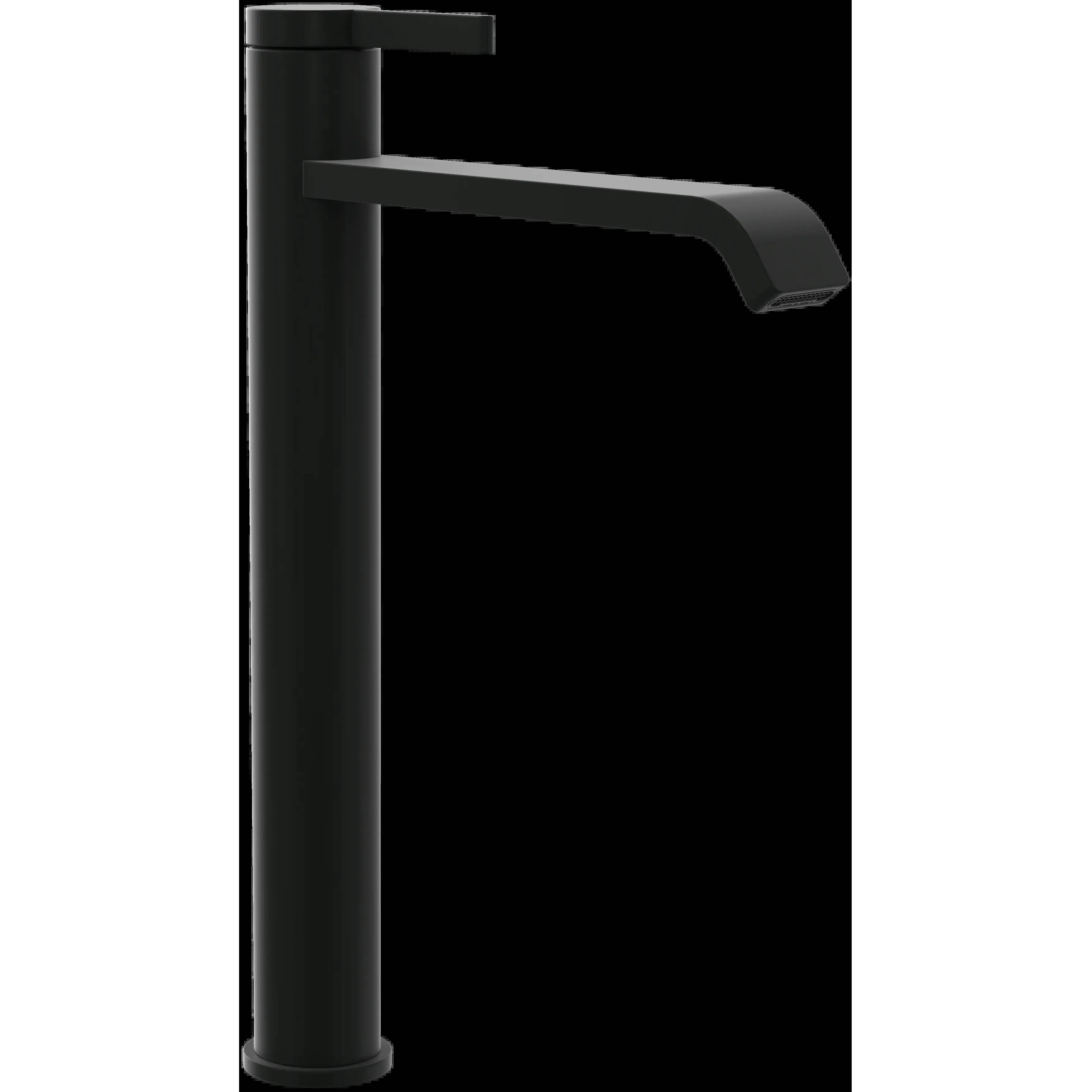 Ein matter schwarzer moderner Wasserhahn mit schlankem, zylindrischem Körper und geradem Auslauf auf einfachem Hintergrund.