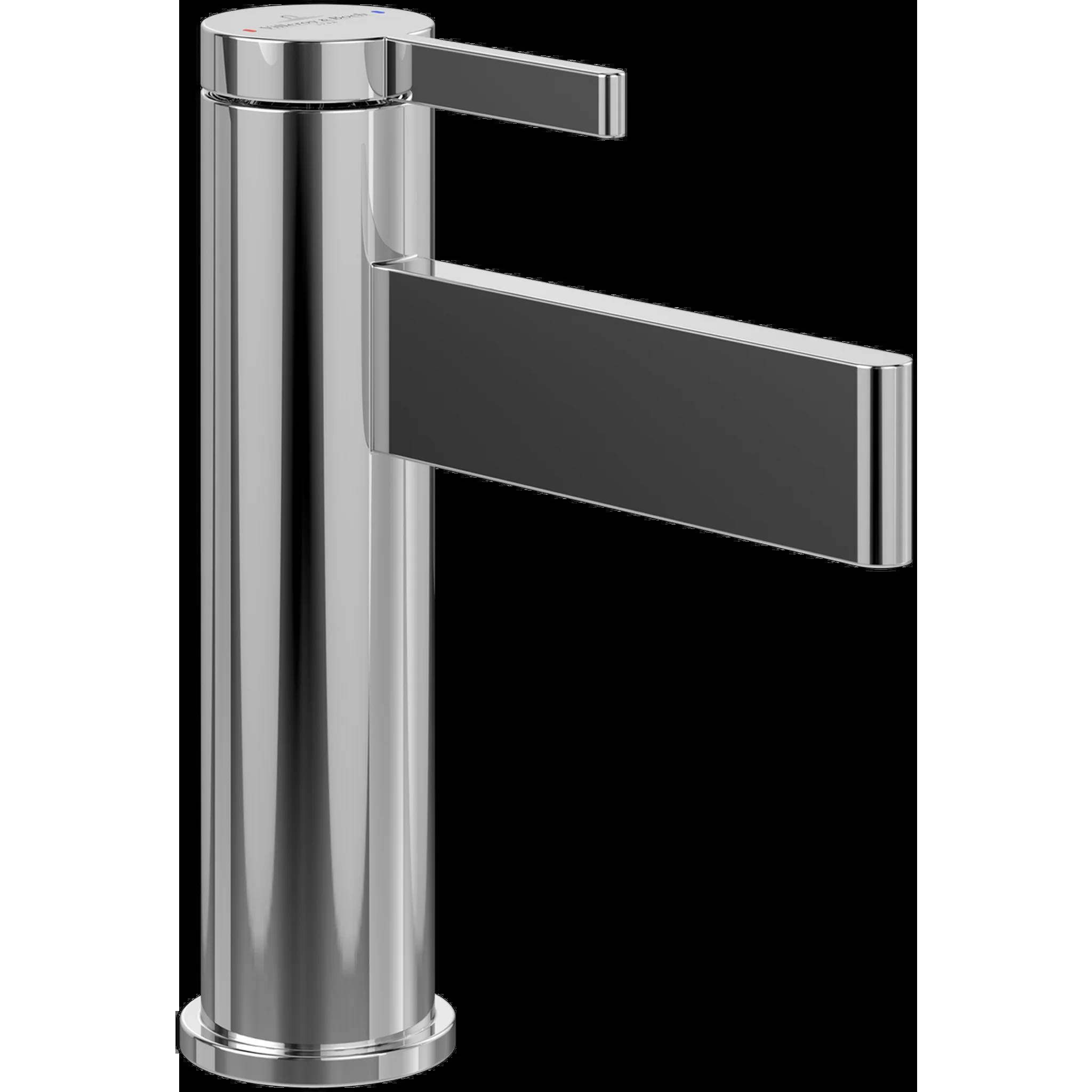 Chrome-Badezimmerkran im modernen Stil mit zylindrischem Gehäuse und zwei flachen Hebelhanteln auf schwarzem Hintergrund.