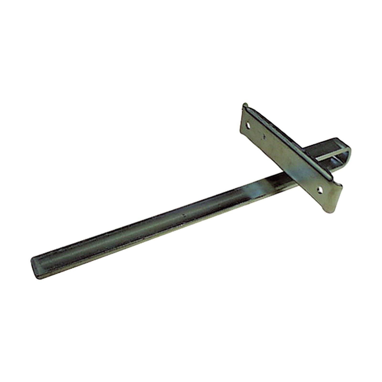 Metallhalterung mit Löchern zur Befestigung, mit einer langen, schlanken Verlängerung. Verwendet zum Befestigen von Gegenständen an Wänden.