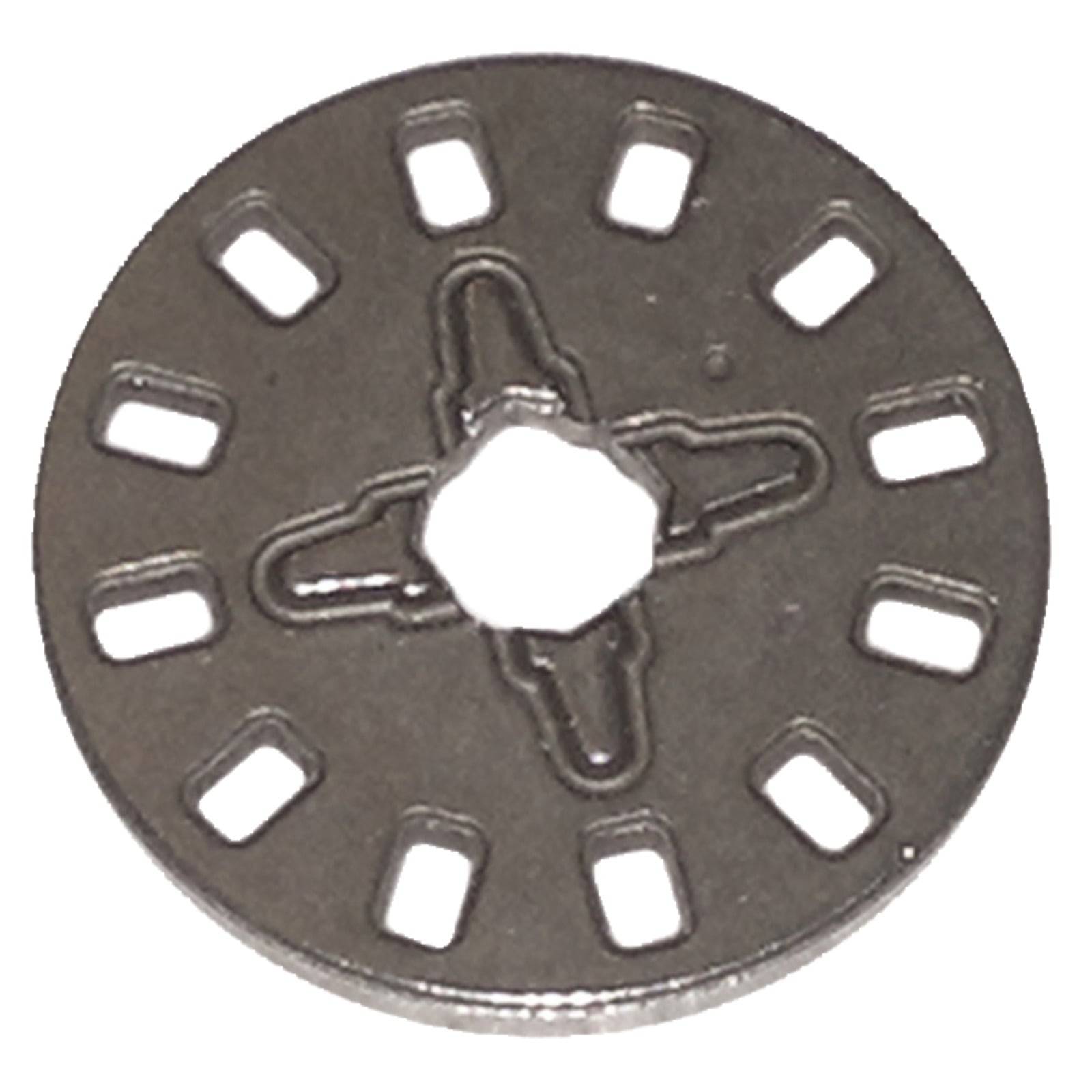 Kreisrunde Metallscheibe mit einem zentralen Loch und mehreren rechteckigen Schlitzen ringsum, die häufig in mechanischen oder industriellen Umgebungen zum Einsatz kommt.