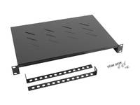 Schwarzes Metall-Rackgehäuse mit belüfteter Ablage, vorderen und hinteren Montageklammern sowie zwei Stützschienen.