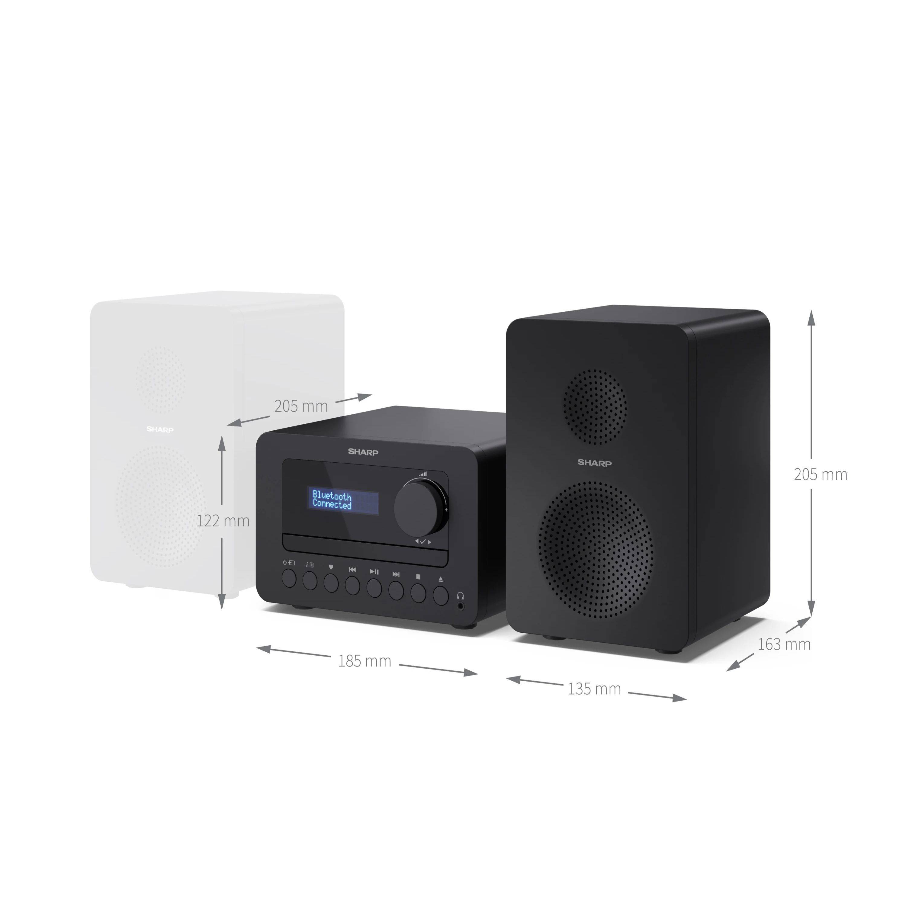 Kompaktes schwarzes Stereosystem mit Receiver und Lautsprechern, gezeigt mit Abmessungen: Lautsprecher 205 mm hoch, Receiver 122 mm hoch, Breiten 185 mm und 135 mm.