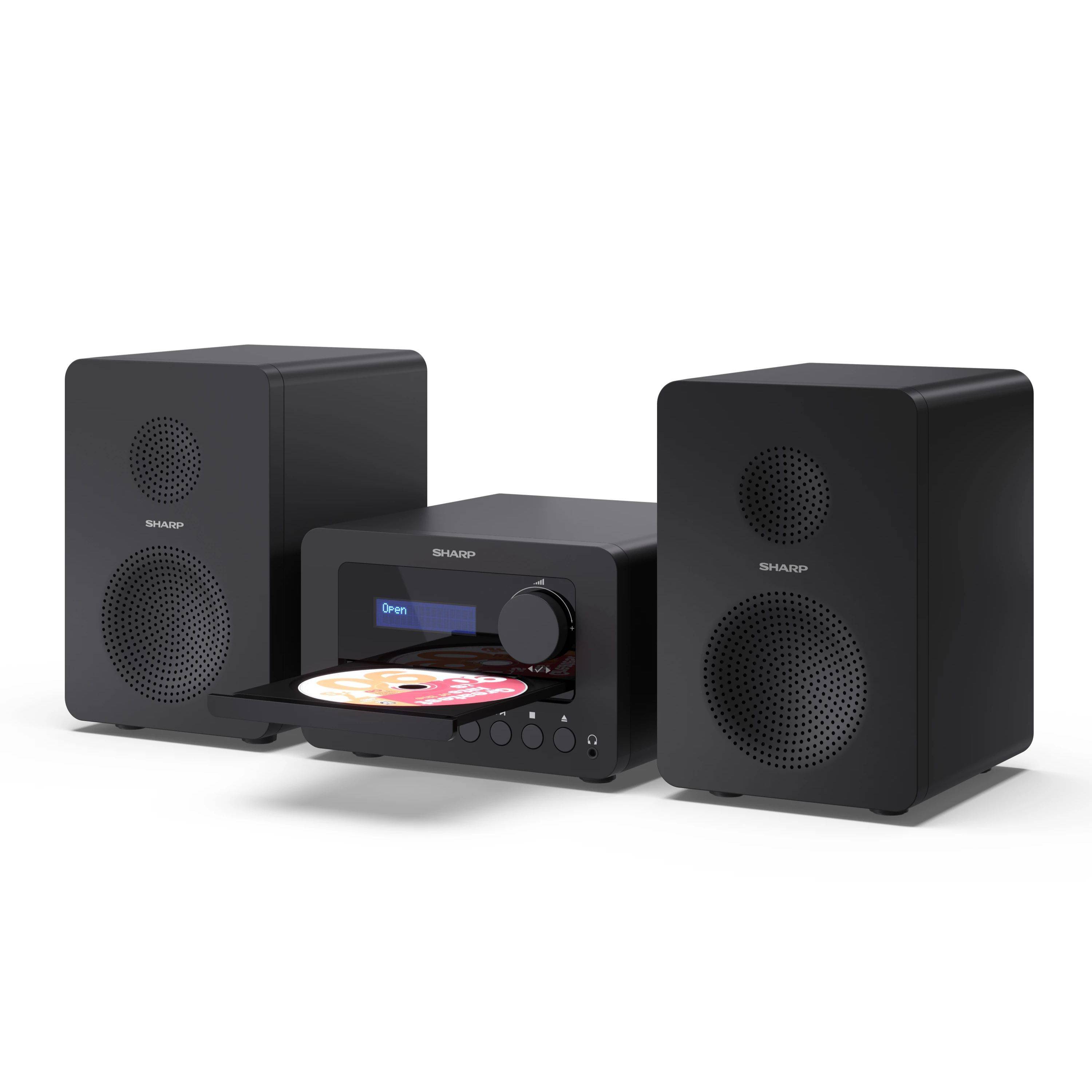 Kompaktes schwarzes Stereosystem mit zwei Lautsprechern und einem zentralen CD-Player mit ausfahrbarem Tablett und kleinem Display.