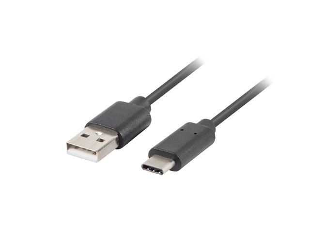 USB-Kabel mit einem Standard-USB-A-Stecker auf einer Seite und einem USB-C-Stecker auf der anderen Seite, dargestellt auf weißem Hintergrund.