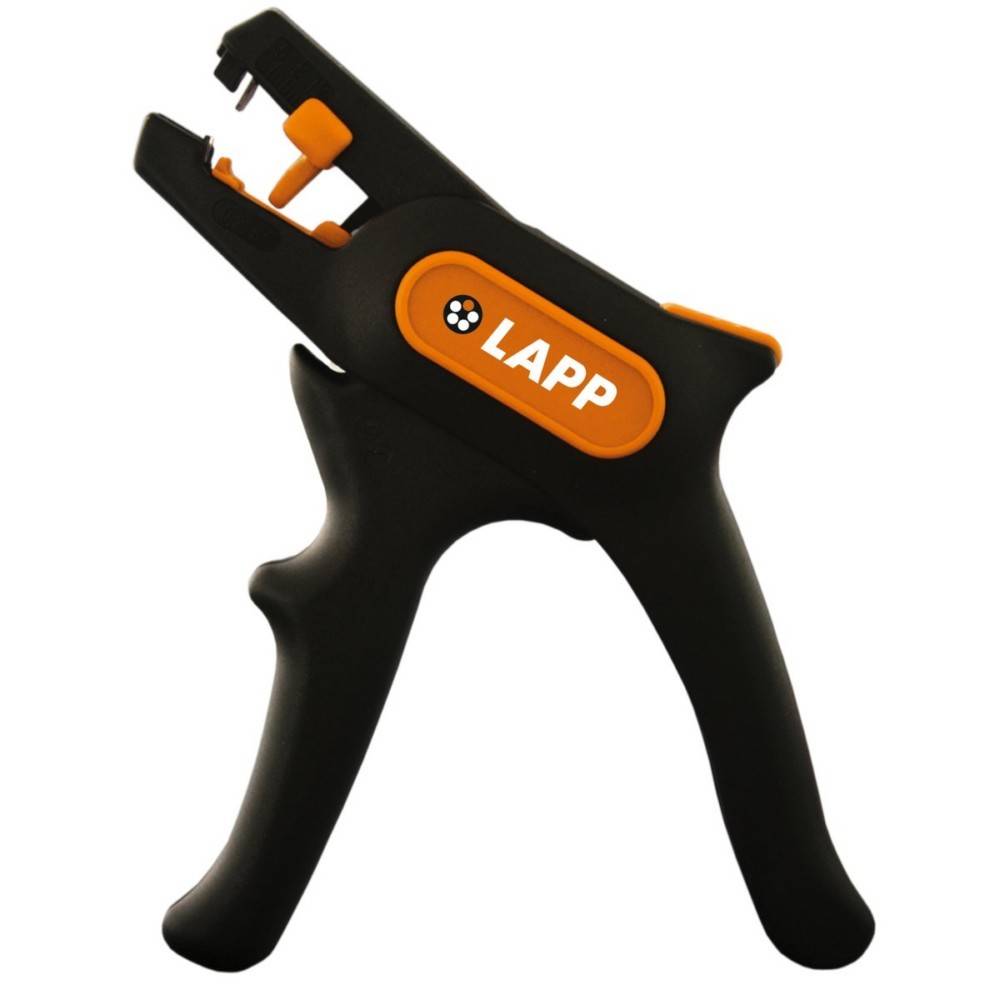 Ein schwarz-oranges Abisolierwerk mit dem Logo „LAPP