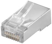 Nahaufnahme eines RJ45-Ethernet-Steckverbinders mit transparentem Kunststoffgehäuse und vergoldeten Kontaktstiften.