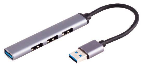 USB-C-Hub-Adapter mit vier USB-A-Anschlüssen und integriertem Kabel, auf weißem Hintergrund dargestellt.