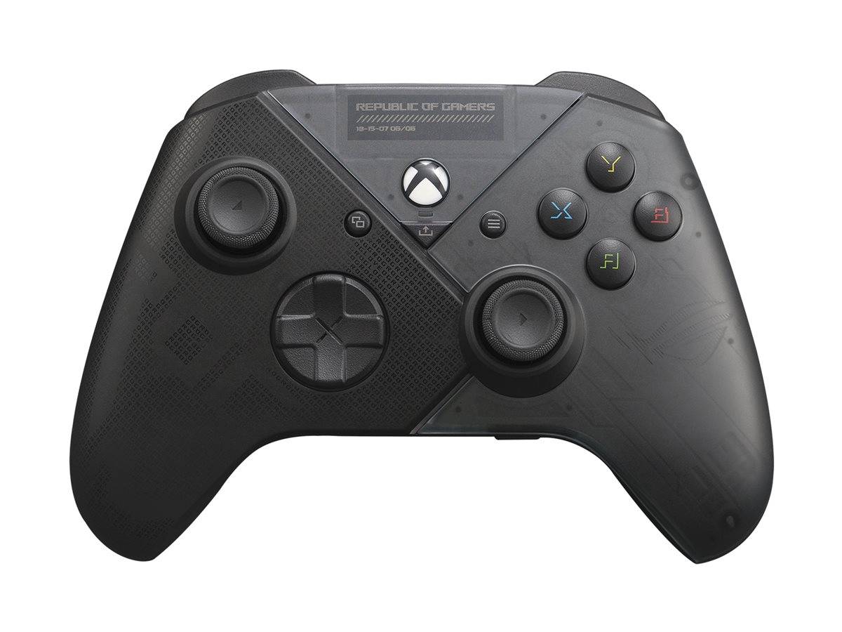 Schwarzer Xbox-Wireless-Gamecontroller mit asymmetrischen Analog-Sticks, D-Pad und vier farbigen Aktionstasten auf weißem Hintergrund