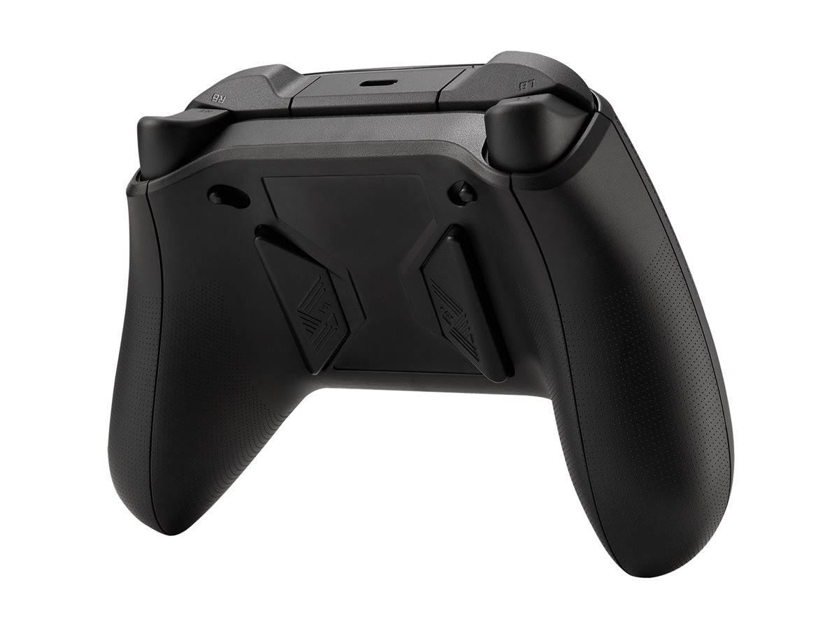 Schwarze Spielecontroller-Griffaufsatz, von hinten abgebildet, mit strukturierten Griffen und Befestigungsclips auf weißem Hintergrund.