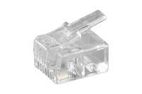 Nahaufnahme eines transparenten Ethernet-/RJ45-Steckeranschlusses auf weißem Hintergrund.