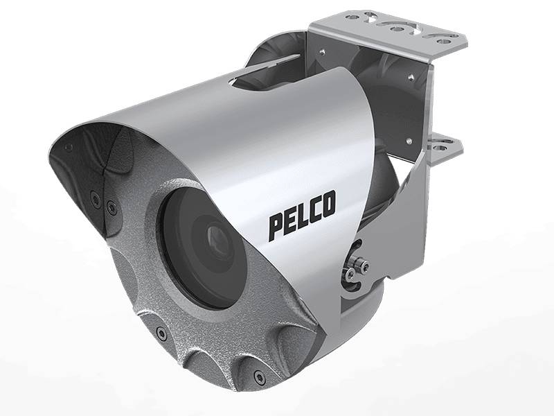 Pelco-Kugel-Stil-Sicherheitskamera in einem silbernen Gehäuse, in Seitenansicht vor schwarzem Hintergrund dargestellt.