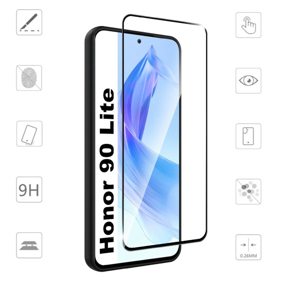 Für Honor 90 Lite 3D Premium 0,3 mm H9 Hart Glas Schwarz Folie Schutz Hülle Zubehör Neu