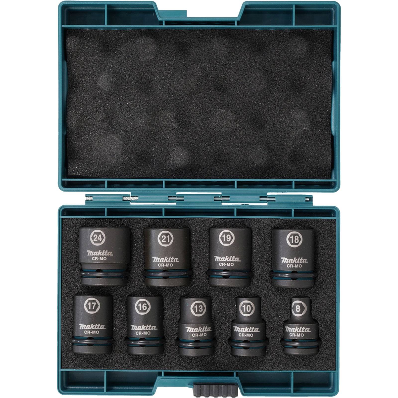 Ein Satz von neun Makita Schlagschraubereinsätzen in einem blauen Koffer mit Größen von 8 bis 24. Die Einsätze sind in Schaumstoff zur Schutz angeordnet.